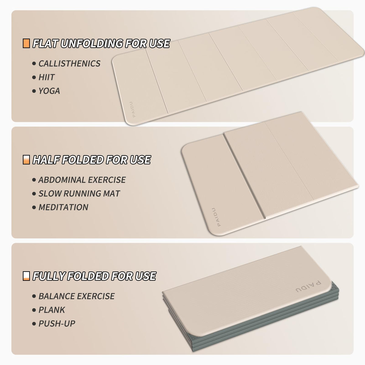 PAIDU 10mm Foldable TPE Yoga Mat – 75 x 26 in