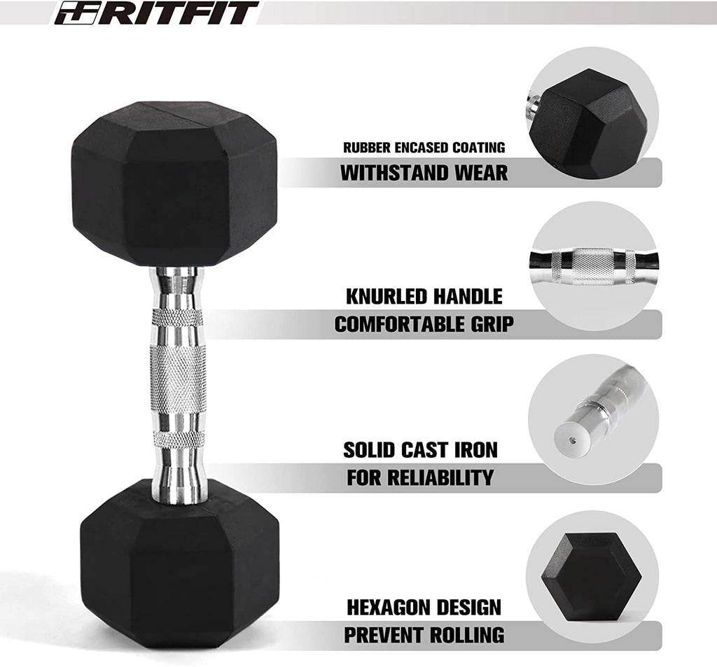 RitFit Rubber Hex Dumbbell Set with Storage Rack
