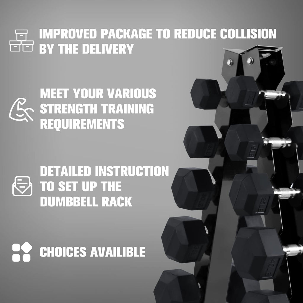 RitFit Rubber Hex Dumbbell Set with Storage Rack