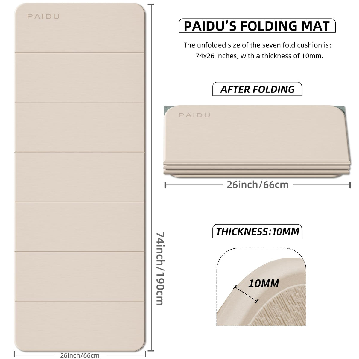 PAIDU 10mm Foldable TPE Yoga Mat – 75 x 26 in