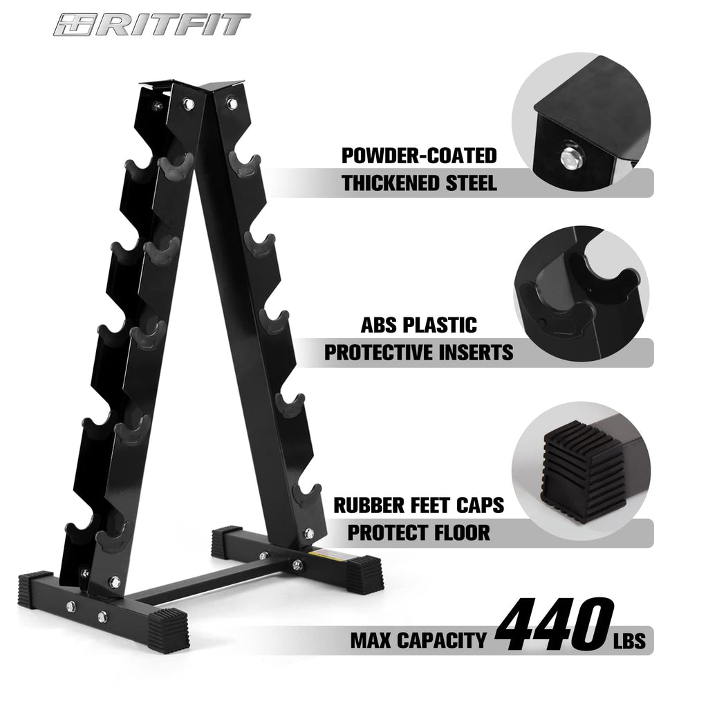 RitFit Rubber Hex Dumbbell Set with Storage Rack