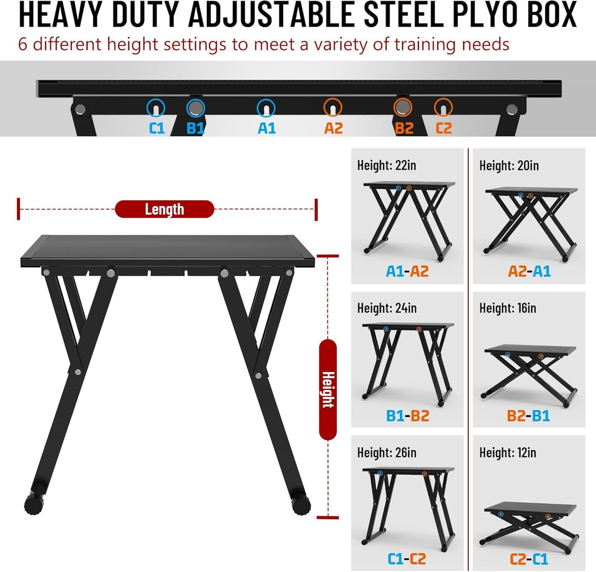 GanFindX Adjustable Steel Plyometric Jump Box 12–26 in