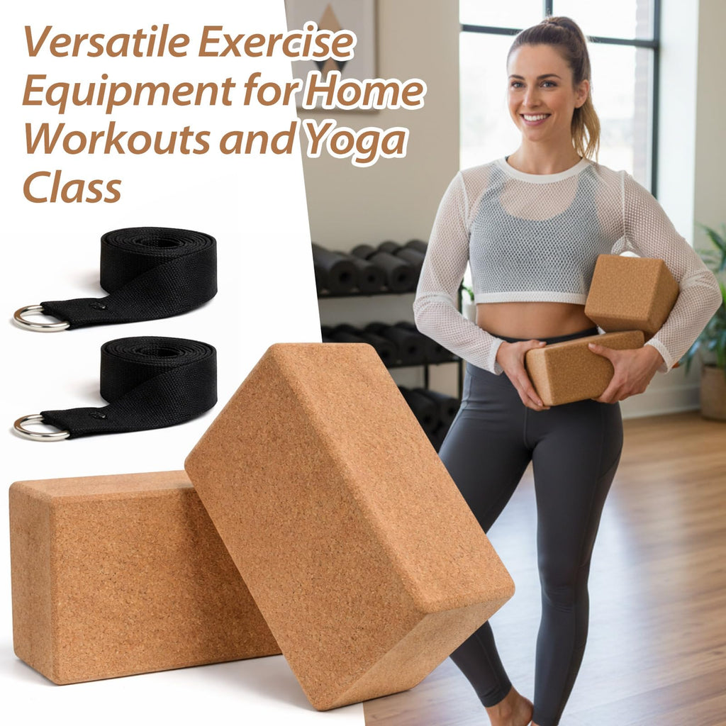 Leitee 6-Piece Cork Yoga Block & Stretch Strap Set