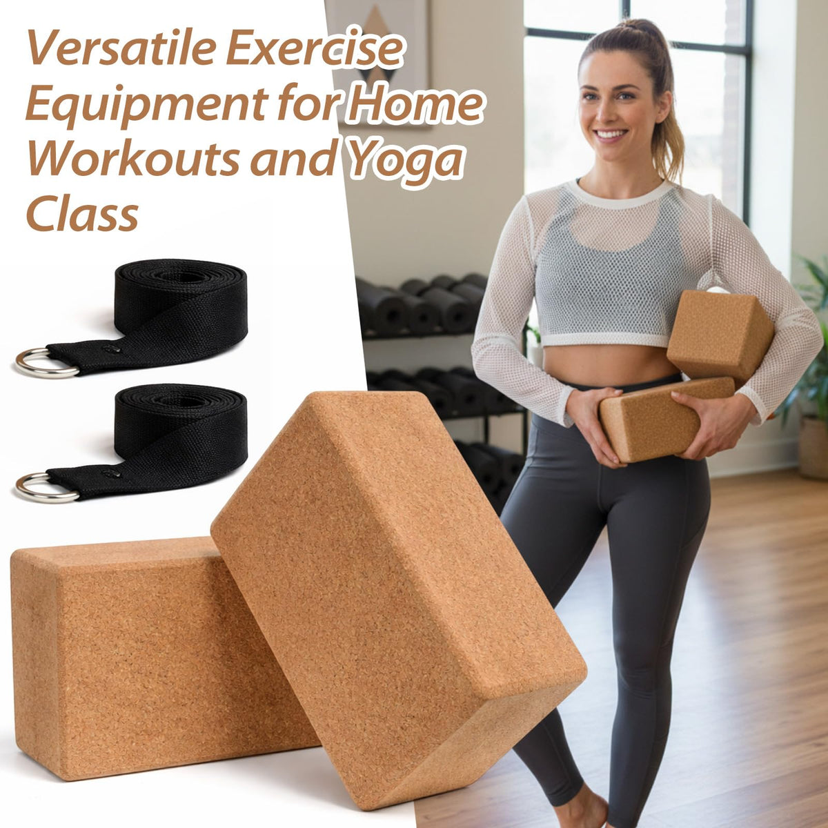 Leitee 6-Piece Cork Yoga Block & Stretch Strap Set