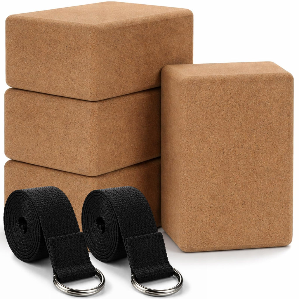Leitee 6-Piece Cork Yoga Block & Stretch Strap Set