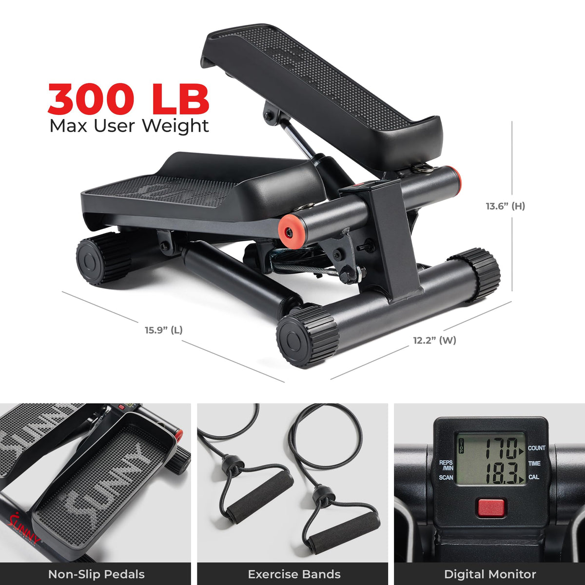 Sunny Health & Fitness Mini Stair Stepper with Resistance Bands