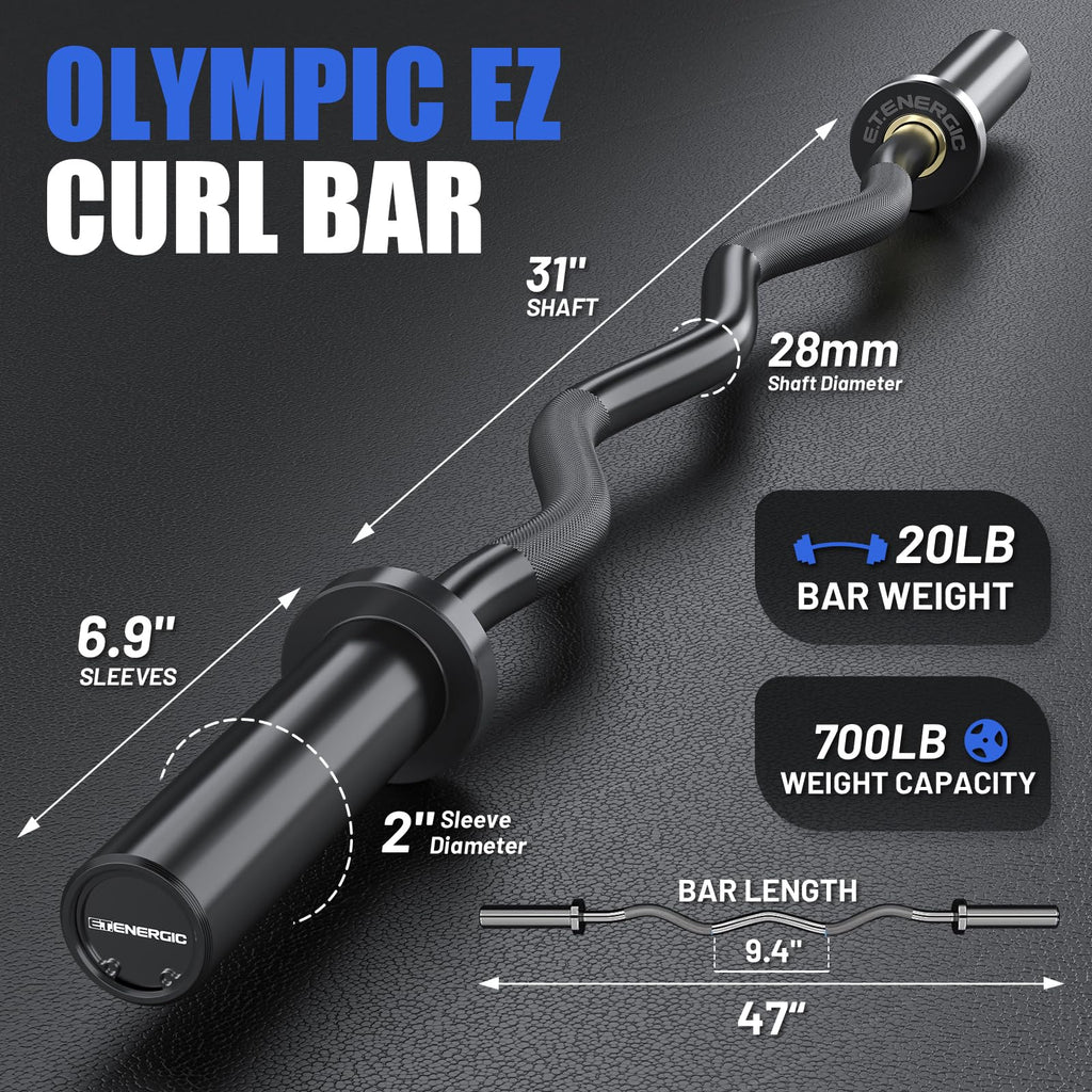 E.T.ENERGIC 47-Inch Solid Steel Olympic Curl Bar 700 lb