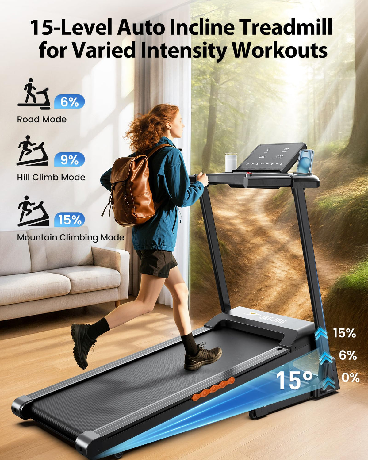 JAGJOG Foldable Treadmill with 15% Auto Incline & 8.8 MPH