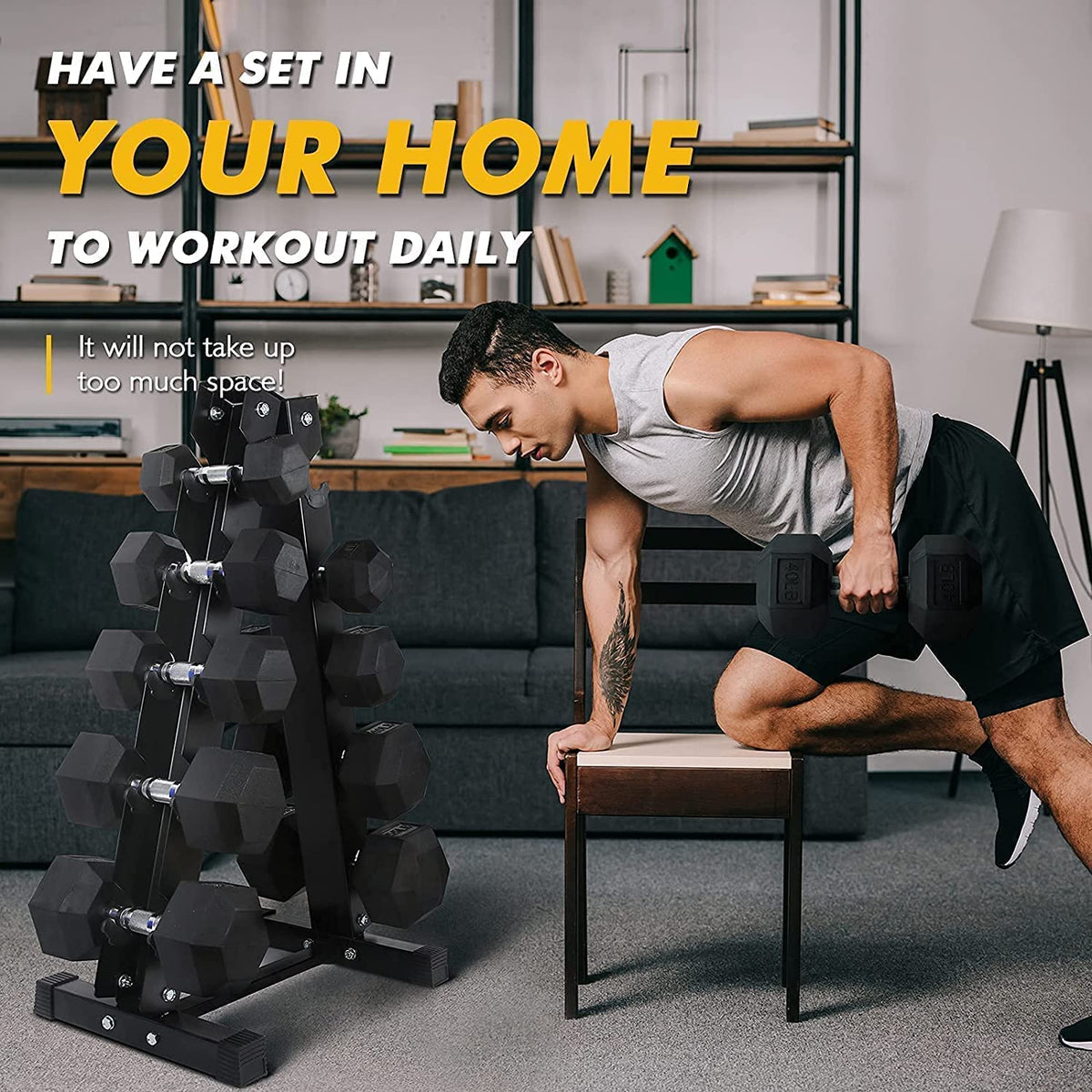 RitFit Rubber Hex Dumbbell Set with Storage Rack