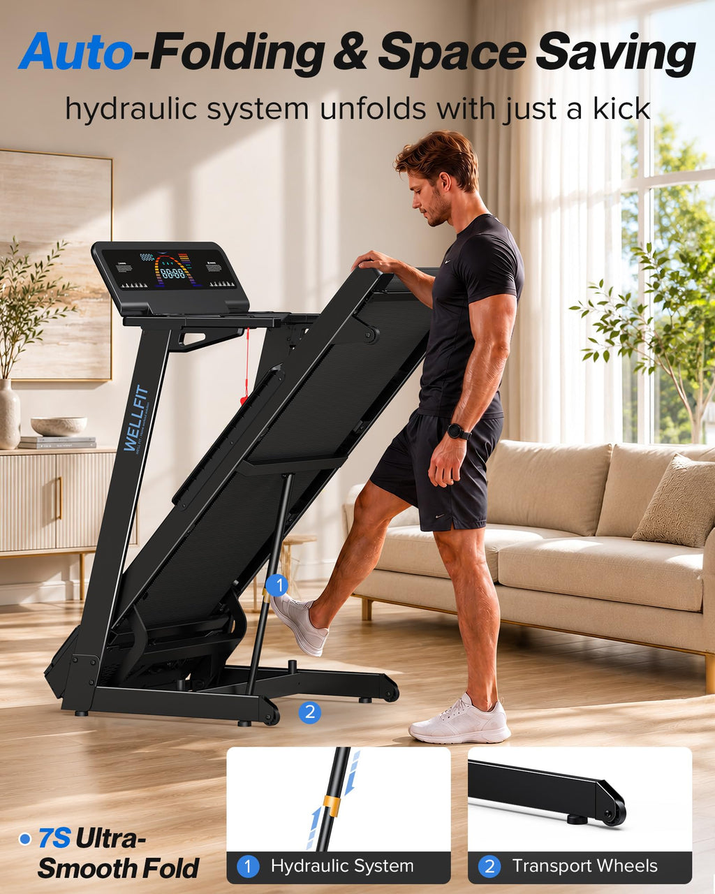 WELLFIT Foldable Heavy-Duty Treadmill with 15% Auto Incline